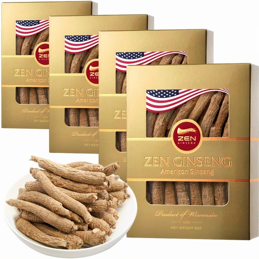 [BRSRO236AUJWM3A6] 4 Boxes of American Wisconsin Ginseng - Small Long Root - Premium Quality Panax Ginseng. Boosts Body Immunity, Energy for Men & Women (16oz)
