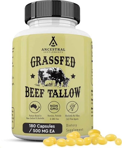 [BRSWGFATO4PAMCQ4] Esi-isien lisäravinteet Grass Fed Beef Tallow kapselit, 3000 mg, ravitseva munuaisten rasva täydentää tukee luut, hampaat, Gums, iho, immuuni ja yleinen terveys, ei-GMO, 180 kapselia