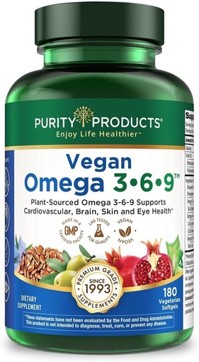 [BRSWGFIQOZ4B62T2] Purity Products Vegan Omega 3 6 9 Formula - “5 in 1” Essential Fatty Acid Complex - Scientifically Formulated Plant-Based Vegan Omega 3-6-9 Essential Fatty Acids (EFA) - 3 Month Supply - 180 Softgels