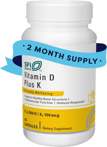 [BRSWGA32CBYRODLD] Klaire Labs SFI Health Vitamin D Plus K - Bioavailable Vitamina K2 D3 Suplemento para Bone &amp; Immune Support - Cada cápsula entrega D3 5000 iu & K2 100 Mcg (60 cápsulas)