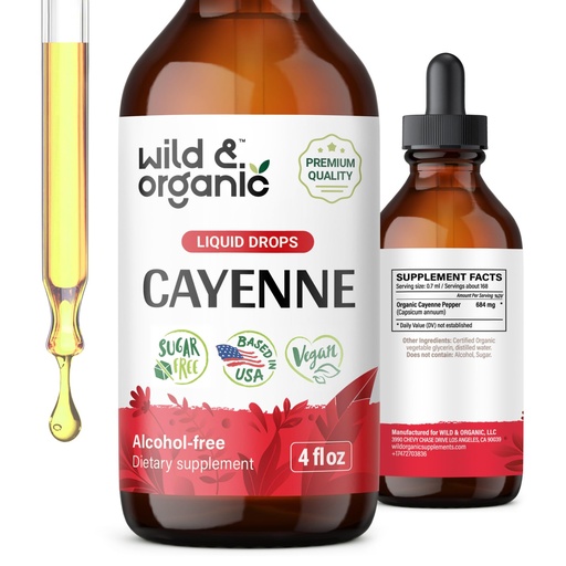 [BRSROY33A4CGYYLB] Wild & Organic Cayenne Pepper Drops - Antioxidant & Digestive Support - Capsaicin Supplements - Fast Absorbing Liquid Cayenne Pepper Extract Tincture - No Spicy Aftertaste, Alcohol-Free - 4 fl oz