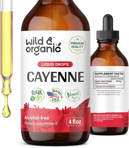 [BRSROY33A4CGYYLB] Wild & Organic Cayenne Pepper Tinctuur - Digestieve ondersteuning met Capsaicin Extract - Cayenne Pepper Liquid Drops voor algehele welzijn - Vegan, suiker & alcoholvrije - 4 floz