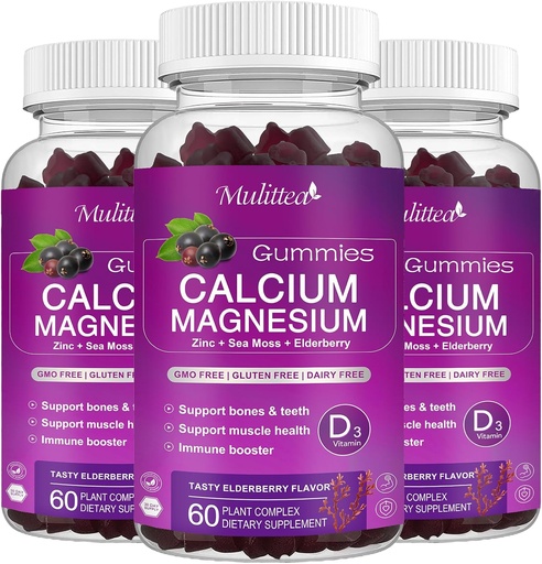 [BRSRAGQFOZ5RSADH] Calcium Magnesium Zinc Gummies עם גבוה Absorption Magnesium Glycinate 200 מ"ג, Potassium - Plant Calcium תוסף w / D3 & Sea Mos עבור העצם, השרירים, Calm Mood & Sleep Support ילדים ומבוגרים (3 Pack)