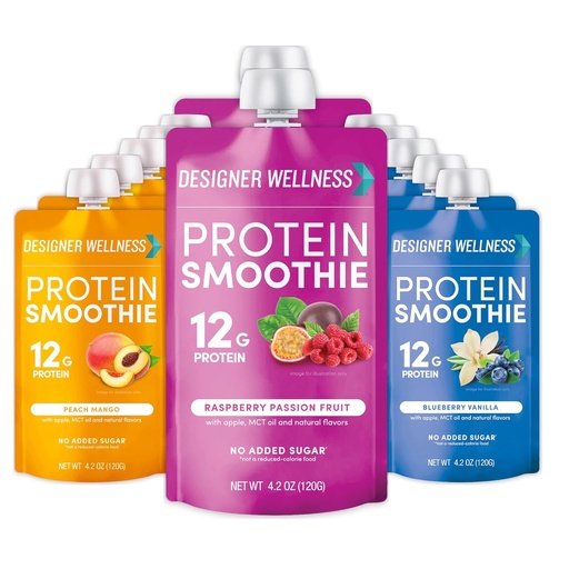 [BRSRMCARCVYRY2DD] Designer Wellness Protein Smoothie, Real Fruit, 12g Protein, Low Carb, Zero Added Sugar, Gluten-Free, Non-GMO, No Artificial Colors or Flavors, Super Fruits Variety Pack, 12 Count