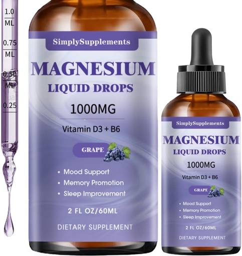[BRSRAEAOA4IG23QZ] Triple Magnesium Complex Liquid Drops, 1000mg Magnesium Glycinate Drops, Taurate & Citrate with L-theanine, Vitamin D3 & B6 for Sleep and Muscle Support, Calm Magnesium, Grape Flavor, 2 Fl OZ