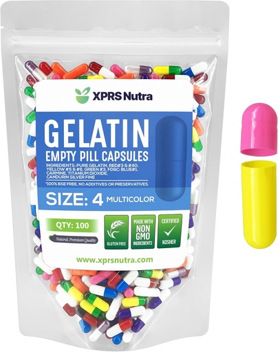[BRSWYEA5A5YB63TZ] XPRS Nutra Size 4 Empty Capsules - 100 Count Small Empty Gelatin Capsules - Pills DIY Capsule Filling - Fillable Pure Bovine Pill Gel Caps for Do-It-Yourself Supplements (Multi Color)