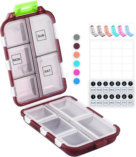 [BRSROZD5C4HR633U] M MUchengbao Travel Pill Organizer Pocket Pharmacy ，with 3 Types of Labels 10 Compartments Small Fold Pill Box BPA-Free Daily Travel Pill Case Medicine Organizer for Store (Red)