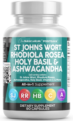 [BRSROYL3PIIAEFDZ] Clean Nutraceuticals St Johns Wort Rhodiola Rosea Holy Basil Ashwagandha - Mood Support for Women and Men with Vitamin C & Black Pepper Extract - 90 Caps