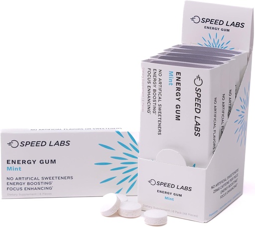 [BRSRAFQEAR4BUC35] Speed Labs Mint Natural Caffeine Energy Gum 25mg Caffeine, Taurine, B Vitamins Per Piece, 48 Pieces (6 Packs of 8) Sugar Free, Zero Calories, Naturally Sweetened, Gluten Free