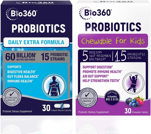 [BRSRABQYCUFQI33F] Probiotic Bundle за възрастни и деца  по 60B CFU Extra Strength Capsps + 5B CFU дъвчащи таблетки по 15 Щамове за храносмилателна, имунна, & Brain Health Поддръжка на корема, запек, подуване, и газ облекчение