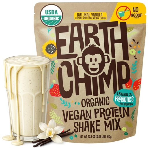[BRSW2AL3OQHQE3DL] EarthChimp Organic Vegan Protein Powder - with Probiotics - Non GMO, Dairy Free, Non Whey, Plant Based Protein Powder for Women and Men, Gluten Free - 26 Servings 32 Oz (Vanilla) No Scoop