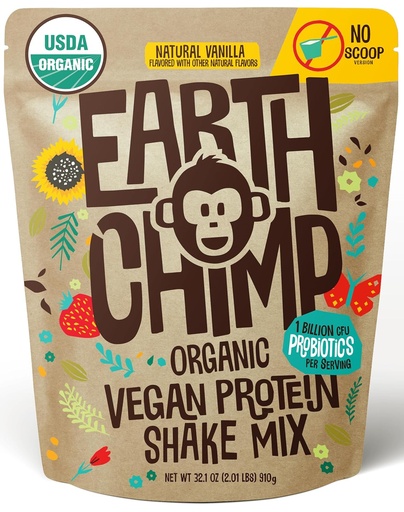 [BRSW2AL3OQHQE3DL] EarthChimp Organic Vegan Protein Powder - with Probiotics - Non GMO, Dairy Free, Non Whey, Plant Based Protein Powder for Women and Men, Gluten Free - 26 Servings 32 Oz (Vanilla) No Scoop