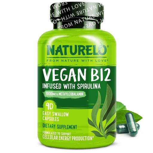 [BRSWGCAHO56AAYA2] NATURELO Vegan B12 - Methyl B12 with Organic Spirulina - High Potency Vitamin B12 1000 mcg Methylcobalamin - Supports Healthy Mood, Energy, Heart & Eye Health - 90 Capsules