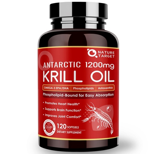 [BRSRAED4OZ5GO2Y4] NATURE TARGET Krill Oil 1200mg with Omega-3 EPA & DHA with Astaxanthin, Phospholipids & Choline - Supports Heart, Brain, Join Health, Non-GMO, Gluten Free, 120 Softgels (60 Servings)