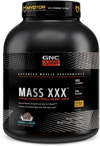 [BRSWYCQQPMHBUADG] GNC AMP Mass XXX, Clinically Proven Weight Gainer Protein Powder, Improves Strength, Size, 780 Calories, 50g Protein, Micronized Amino Acids, Creatine, Betaine, Cookies & Cream, 13 Servings, 6 SVG