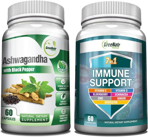 [BRSROAIOAEMAEYD5] GreeNatr 7-in-1 Immune Support Supplement with Vitamin C, Vitamin D3, Zinc 50mg, Quercetin, Combined with Organic Ashwagandha Capsules Featuring Black Pepper for Enhanced Absorption
