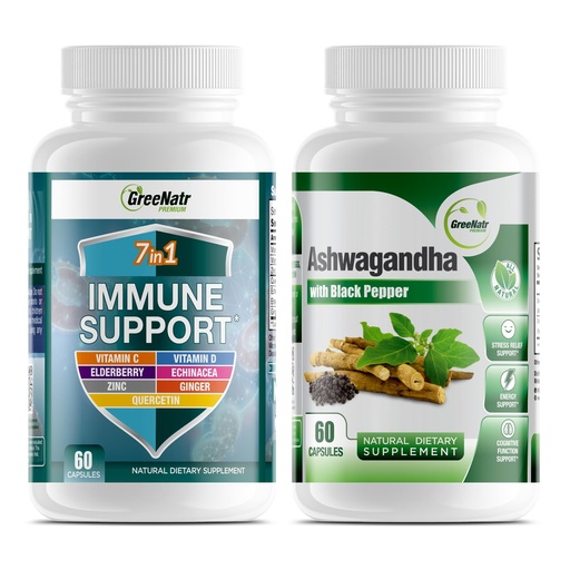 [BRSROAIOAEMAEYD5] GreeNatr 7-in-1 Immune Support Supplement with Vitamin C, Vitamin D3, Zinc 50mg, Quercetin, Combined with Organic Ashwagandha Capsules Featuring Black Pepper for Enhanced Absorption