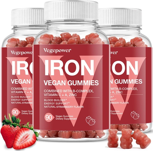 [BRSRAFQCCJYRGALX] Iron Gummies Supplements for Kids & Women - Multivitamin with Iron for Blood Healthy, Great Tasting Vitamins Gummy with Vitamin C for Max Absorption - Strawberry (3 Packs)