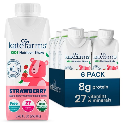 [BRSROHYPAQCWGGQ2] KATE FARMS Organic Kids Nutrition Shake, Strawberry, 8g protein, 27 Vitamins and Minerals, Meal Replacement, Protein Shake, Non-GMO, 8.45 oz (6 Pack)