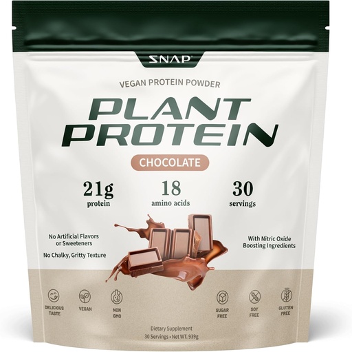 [BRSWY2T5CUCAYFA3] Snap Supplements Organic Plant Based Vegan Protein Powder Nitric Oxide Boosting Protein Powder, BCAA Amino Acid for Muscle Growth, Performance & Recovery - 30 Servings (Chocolate)