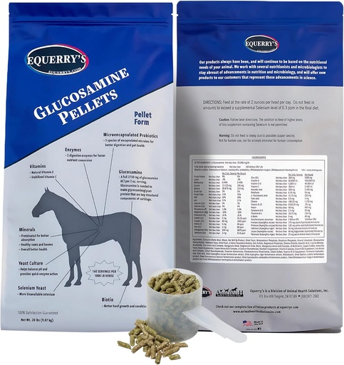 [BRSWICQQAF6RQHT4] Equerry-ren Glucosamine Pellets - Probiotikoak, entzimak, bitaminak eta mineralak dituzten zaldientzako laguntza bateratua - Estatu Batuetan egina - 20lb