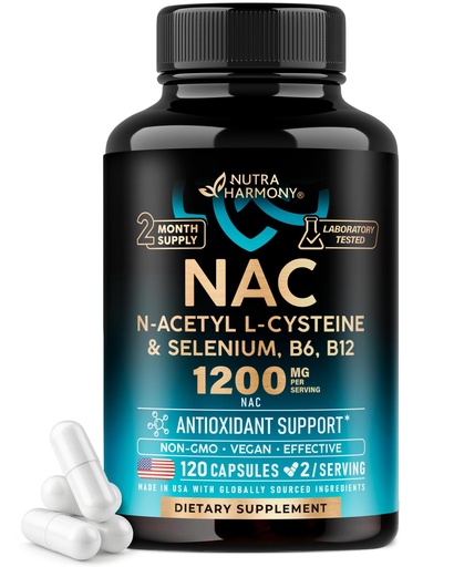 [BRSRMCDRCQOR63T3] NAC Supplement | Selenium | B6 | B12 - Antioxidant, Immune Support - N Acetyl Cysteine 600 mg per Capsule, 1200 mg per Serving - Made in USA - Non-GMO, Gluten-Free, Vegan - 120 caps, 2 Month Supply