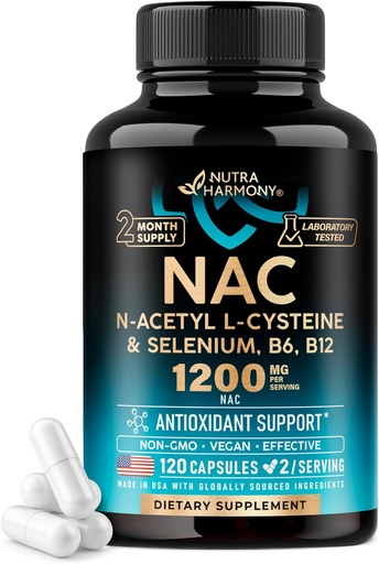 [BRSRMCDRCQOR63T3] NAC Supplement | Selenium | B6 | B12 - Antioxidant, Immune Support - N Acetyl Cysteine 600 mg per Capsule, 1200 mg per Serving - Made in USA - Non-GMO, Gluten-Free, Vegan - 120 caps, 2 Month Supply