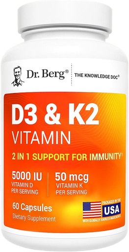 [BRSRMZQLAR4AGHLA] Dr Berg forza máxima 2-in-1 vitamina D3 K2 5000 IU | Natural D3 | 4X Lab-Tested & Verificado | Fórmula de alta absorción | K2 D3 Suplemento de vitamina - 60 cápsulas
