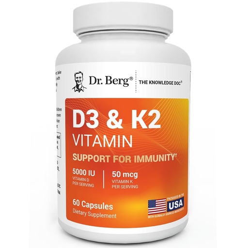 [BRSRMZQLAR4AGHLA] Dr. Berg Maximum Strength 2-in-1 Vitamin D3 K2 5,000 IU | Naturally Derived D3 | 4X Lab-Tested & Verified | High Absorption Formula | K2 D3 Vitamin Supplement - 60 Capsules