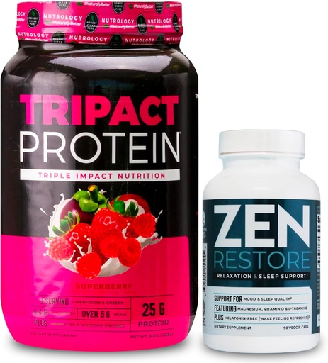 [BRSRAZYQDF6WM3DX] Nutrology TRIPACT Protein Powder, 7-in-1 Meal Replacement Shake, Superberry (40 Servings) Zen Natural Magnesium Supplement (30 Servings)