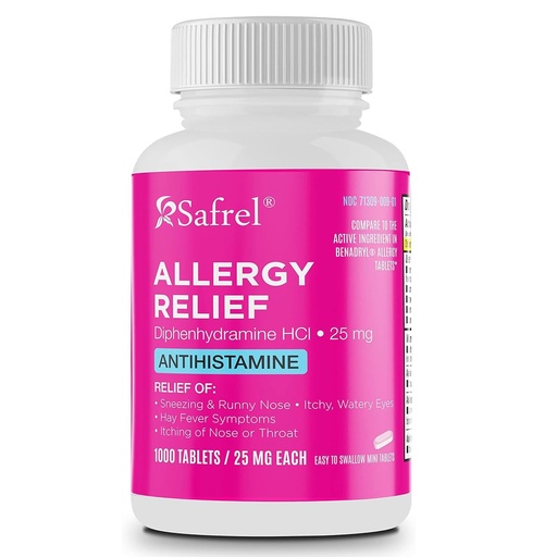 [BRSWYBQYOV6A2237] Safrel Allergy Relief Medication 25mg Diphenhydramine HCl, Antihistamine for Sneezing, Runny Nose, Itchy Eyes and Throat, Indoor and Outdoor Allergies (1000 Count)