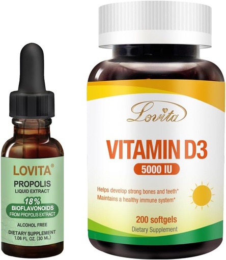 [BRSRABA2AQNBS2TJ] Lovita Bee Propolis Liquid Extract & Vitamin D3 Softgel Nutrient Supplement Bundle