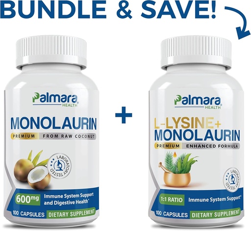 [BRSROYIZC4IRAF3L] Palmara Health Premium Monolaurin 600 mg + L- Lysin + Monolaurin Combo