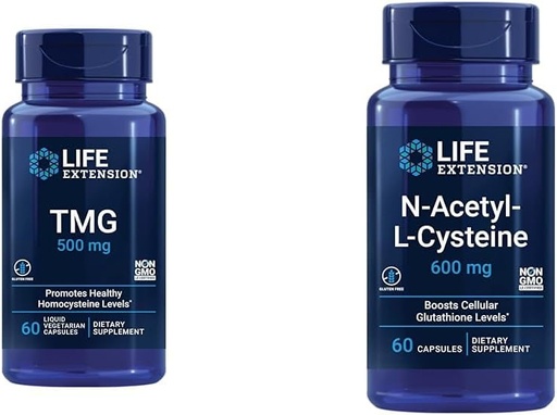 [BRSROCQPCB7GMHT3] Life Extension TMG 500 mg - Trimethylglycine Supplement - Homocysteine maila osasuntsuak sustatzen ditu eta N-Acetyl-L-Cysteine (NAC), Immune, Respiratory, Liver Health, NAC 600 mg