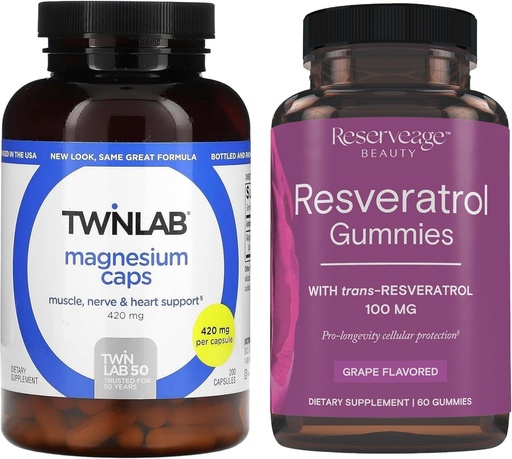 [BRSRAZQPA4ARSYLK] Twinlab Magnesium Caps - für Stress Relief, 420 mg, 200 Count, 1 Pack & Reserve Beauty- Resveratrol Gummies 100 mg, Vegan - 1 Pack