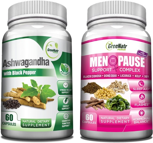 [BRSROAYPOEDR4D37] GreeNatr Total Wellness Support with Ashwagandha Capsules with Black Pepper for Enhanced Absorption - and Natural Menopause Herbal Complex