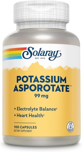 [BRSWIYTYO4GBM3TE] Solaray Potassium Asporotate Chelated Suplemento, Electrolyte Balance & Heart Health Support, 100 Servings, 100 Capsules
