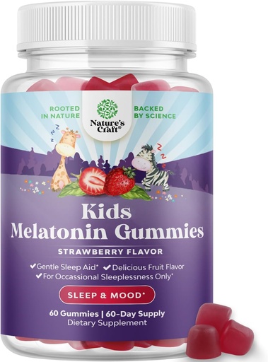 [BRSWY234OQIRADLO] Natures Craft Melatonin Gummies for Kids Sleep Support - Hassle-Free Kids Melatonin Gummies for Mood Support - Delicious and Tummy Friendly Gummy 1 Mg Little Ones Non-GMO Gluten Free and Halal