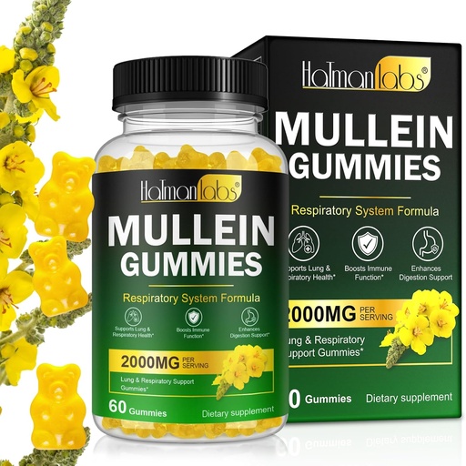 [BRSRAADRA57BSHI6] Mullein Gummies для Lung Detox, 2000mg Mullein Leaf екстракт для респіраторної та дайвінгової та імунної підтримки w/Quercetin, Bromelain, Elderberry & Marshmallow, Vegan 120 Gummies (1 пляшка 60 ясен) (1)