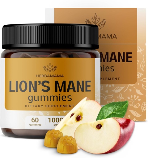 [BRSRMEIHCUDQKHYU] HERBAMAMA Lion's Mane Gummies - 1000mg Lion's Mane Mushroom for Brain Clarity Support - Vegan, Non-GMO Focus Supplement for Adults - 60 Pectin-Based Apple-Flavored Chews