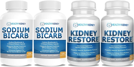 [BRSRAAD6BYMAYAY7] Sodium Bicarbonate 650mg Capsules for Acid Relief, Alkalinity 120 Pills 2-Pack + Kidney Restore Kidney Cleanse and Kidney Health Supplement, 60 caps - 2 Pack