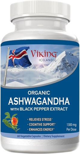 [BRSWIEYPPICQ2D3G] Viking Organic Ashwagandha with Black Pepper Extract Icelandic. 60 Vegan Capsules - Maximum Absorption for Stress, Mood & Energy Support