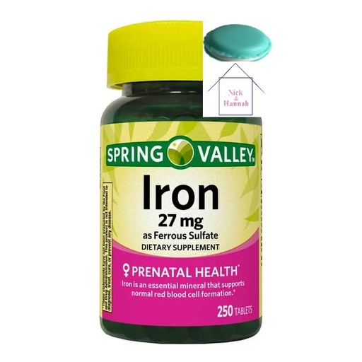 [BRSRMCDRDMNGODIY] Spring Valley Iron as Ferrous Sulfate Tablets Dietary Supplement, 27 mg, 250 Count + 1 Mini Pill Container (Color Varies)