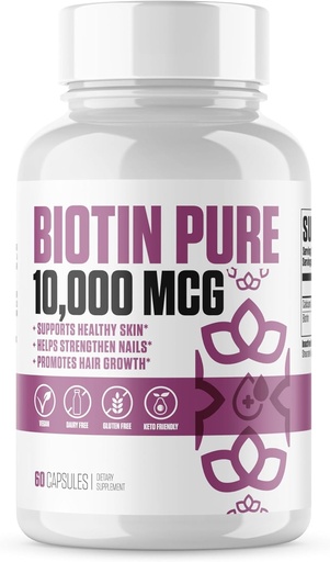[BRSROAA6BAGW2DTA] Biotin Pure 10,000 MCG + Calcium | #1 New Max Dose Biotin B7 Supplement Pills for Healthier & Longer Hair, Skin & Nails | Vegan Capsules for Men & Women - 60 Servings