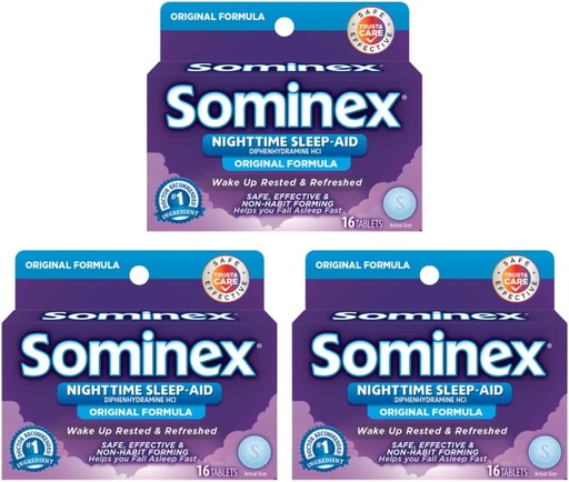 [BRSWIGIOAQPWE23U] Sominex Tối đa sức mạnh đêm ngủ, thời gian băng qua sông Diphehydramine HCI 16-Caplets trên mỗi gói 3-Pack