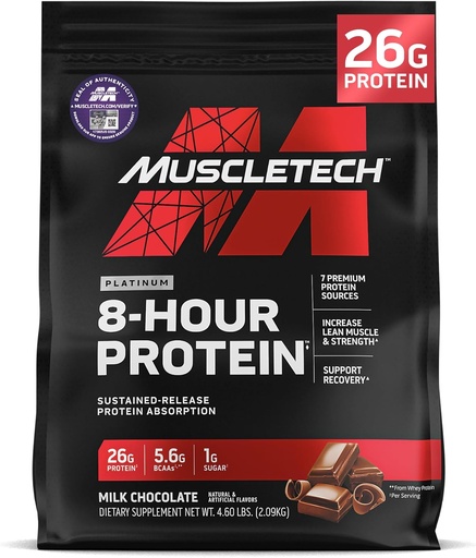 [BRSWIEAMBQAREETC] MuscleTech Platinum 8-Hour Protein Powder - 7 Premium Protein Sources with Whey & Casein Protein for increased Lean Muscle, Strength & Mejor recuperación - Milk Chocolate, 50 Servings