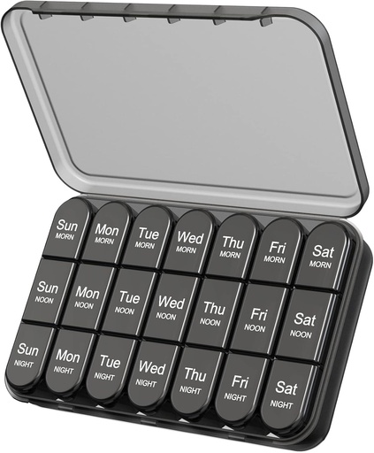 [BRSRMCQHPMPRA3LF] Daviky Pill Organizer 3X a Day, Weekly Pill Box 7 Day, Travel Pill Case with Large Containers, Light-Proof Pill Case for Vitamins, Medication, Supplements and Fish Oils (Black)