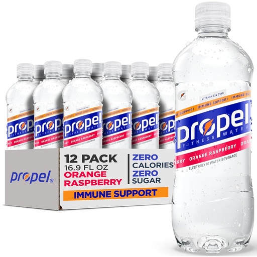 [BRSWYGAEDIFWG3Q7] Propel Immune Support Electrolyte Enhanced Water Sports Drink, Orange Raspberry Flavored Water, 100% DV Vitamin C + Zinc, Zero Calorie & Zero Sugar Hydration with Electrolytes and Vitamins, 24 fl oz Water Bottles (12 Pack)