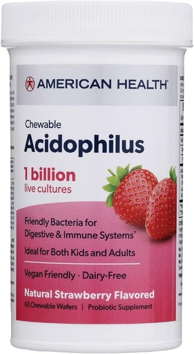 [BRSW2ZIPOIIBYC3F] AMERIKAI EGÉSZSÉGÜGYI Napi rágótabletta Acidophilus, 1 milliárd élő tenyészet, Jótékony baktériumok az emésztő és immunrendszer, Strawberry, 60 gróf
