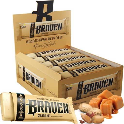 [BRSROYAZBUNA4ALF] Braven Bar Caramel Nut Energy Bars (1.59 oz, Pack of 20) – Energy Chews with 5g Protein – On-the-Go Energy Snacks for Running, Hiking, and Sports - Gluten Free Snacks for Sustained Energy Boost